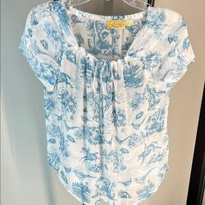 princess vera wang White and Light Blue Toile Peasant Top